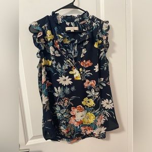 Blue Flower-Patterned Sleeveless Blouse